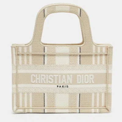 Pre-owned Dior Beige Stripes Embroidered Canvas Mini Book Tote In Sand