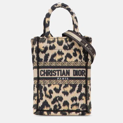 Pre-owned Dior Beige/black Mizza Mini Embroidered Canvas Leopard Vertical Book Tote In Sand