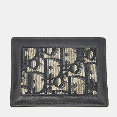 Pre-owned Dior Beige/black Oblique Canvas And Leather Card Holder In Sand