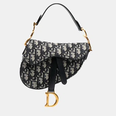 Pre-owned Dior Beige/blue Mini Oblique Canvas Saddle Bag