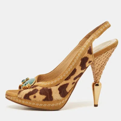 Pre-owned Dior Beige/brown Calf Hair And Suede Peep Toe Slingback Pumps Size 38
