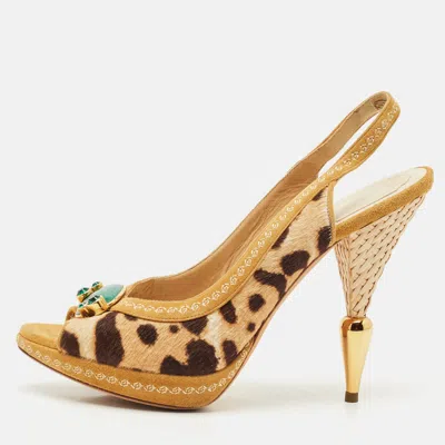 Pre-owned Dior Beige/brown Calf Hair And Suede Peep Toe Slingback Pumps Size 40.5