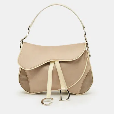 Pre-owned Dior Beige/cream Fabric And Patent Leather Double Saddle Bag In Sand