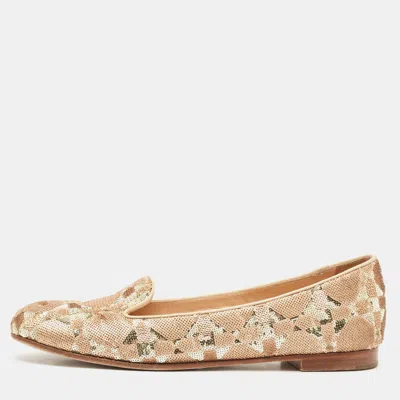 Pre-owned Dior Beige/gold Sequin And Patent Leather Smoking Slippers Size 36