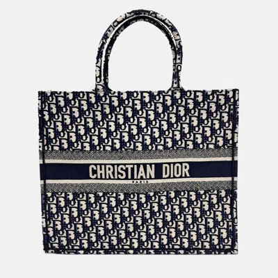 Pre-owned Dior Beige/navy Blue Fabric Oblique Book Tote In Sand