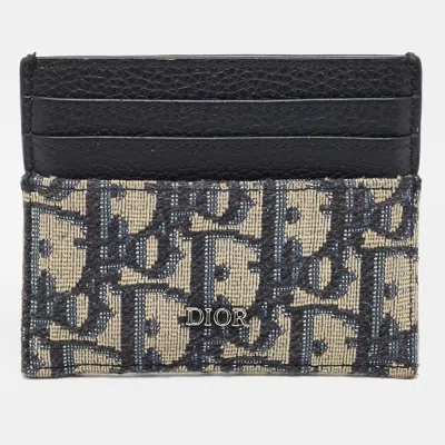 Pre-owned Dior Beige/navy Blue Oblique Canvas And Leather Card Holder