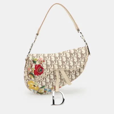 Pre-owned Dior Beige/white Oblique Canvas And Leather Floral Embroidered Saddle Shoulder Bag