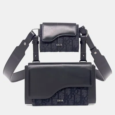 Pre-owned Dior Black Blue Canvas And Leather Oblique Elite Pouch Crossbody Bag