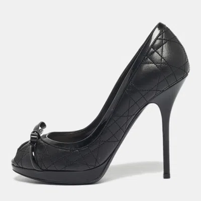 Pre-owned Dior Black Cannage Leather And Patent Peep Toe Pumps Size 38