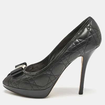 Pre-owned Dior Black Cannage Leather Bow Peep Toe Platform Pumps Size 39