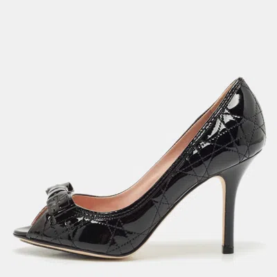 Pre-owned Dior Black Cannage Patent Leather Bow Peep Toe Pumps Size 36.5