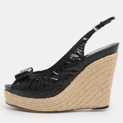 Pre-owned Dior Black Cannage Patent Leather Espadrille Wedge Sandals Size 40