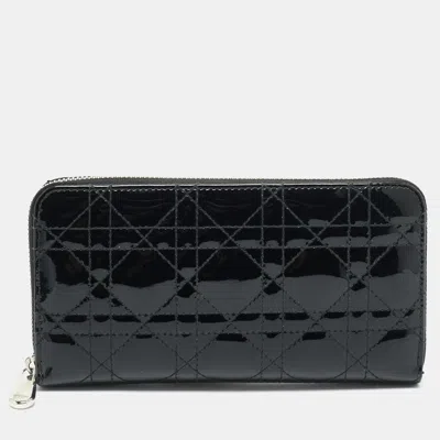 Pre-owned Dior Black Cannage Patent Leather Zip Around Wallet