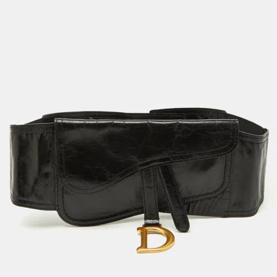 Pre-owned Dior Black Crinkled Leather Saddle Wrap Belt