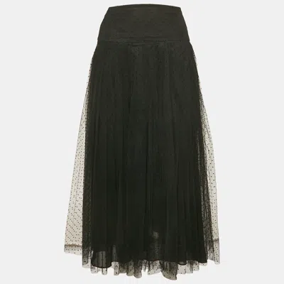 Pre-owned Dior Black Dotted Tulle Pleated Midi Skirt M