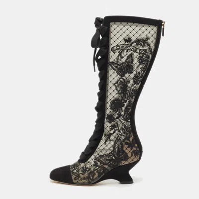 Pre-owned Dior Black Embroidered Mesh And Suede Naughtily-d Knee Length Boots Size 35