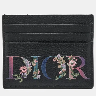 Pre-owned Dior Black Floral Embroidered Leather Card Holder