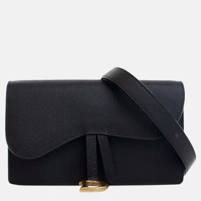 Pre-owned Dior Black Grained Calfskin Saddle Belt Bag