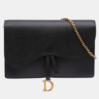 Pre-owned Dior Black Grained Calfskin Saddle Chain Pouch