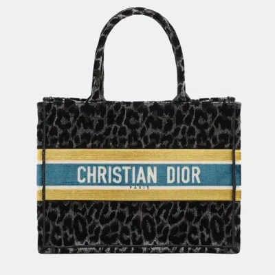 Pre-owned Dior Black Grey Mizza Medium Embroidered Velvet Leopard Book Tote