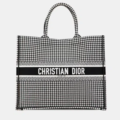 Pre-owned Dior Black Large Canvas Houndstooth Embroidered Book Tote