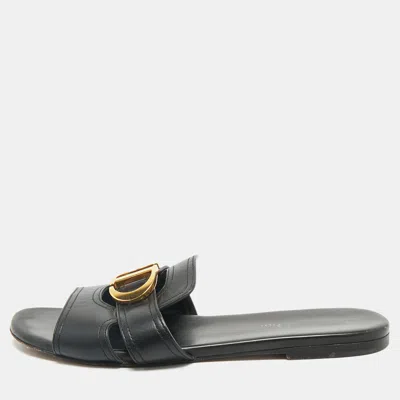 Pre-owned Dior Black Leather 30 Montaigne Flat Slides Size 37.5