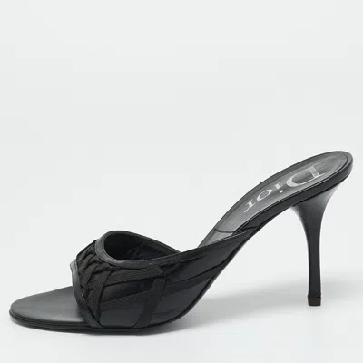 Pre-owned Dior Black Leather And Knit Fabric Open Toe Slide Sandals Size 41