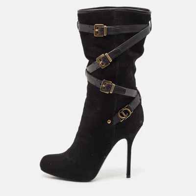 Pre-owned Dior Black Leather And Suede Buckle Mid Calf Boots Size 38.5