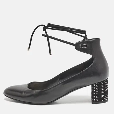 Pre-owned Dior Black Leather Block Heel Ankle Strap Pumps Size 38.5