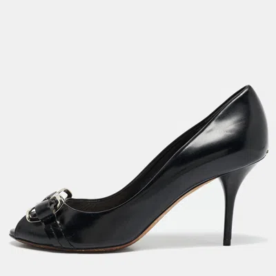 Pre-owned Dior Black Leather Bow Detail Peep Toe Pumps Size 36