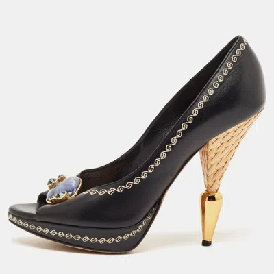 Pre-owned Dior Black Leather Bow Detail Peep Toe Pumps Size 36