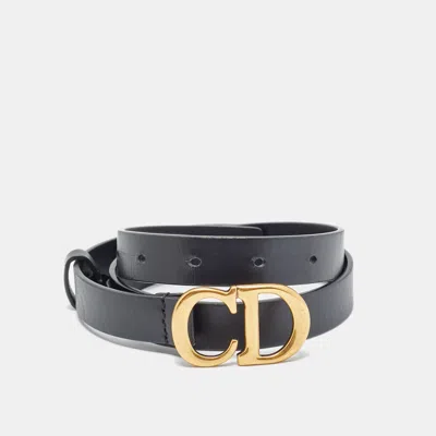 Pre-owned Dior Black Leather Cd Logo Slim Belt 70 Cm