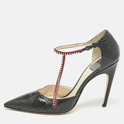 Pre-owned Dior Black Leather Crystal Embellished T Strap Pointed Toe Pumps Size 39.5