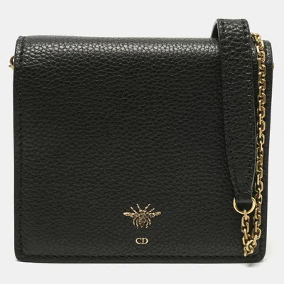 Pre-owned Dior Black Leather D Bee Wallet On Chain