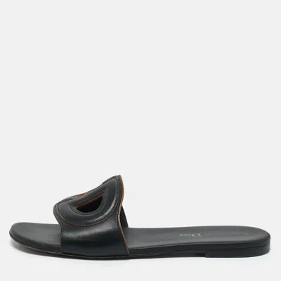 Pre-owned Dior Black Leather D Club Flat Slide Sandals Size 37.5