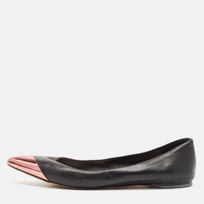 Pre-owned Dior Black Leather Metal Cap Pointed Toe Ballet Flats Size 39.5