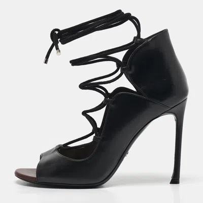 Pre-owned Dior Black Leather Petale Open Toe Pumps Size 37.5