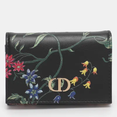 Pre-owned Dior Black Leather Petites Fleurs Embroidered Caro Glycine Wallet