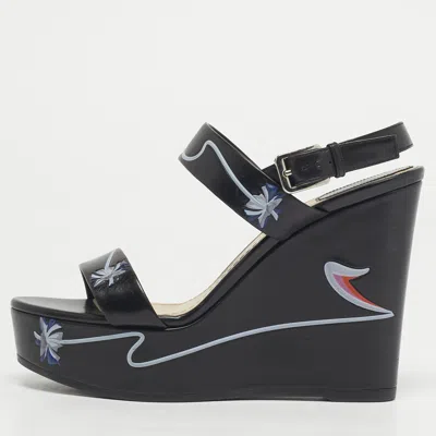 Pre-owned Dior Black Leather Platform Wedge Slingback Sandals Size 39.5