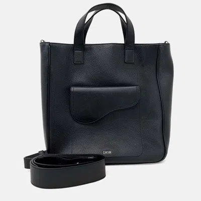 Pre-owned Dior Black Leather Saddle Tote And Shoulder Bag