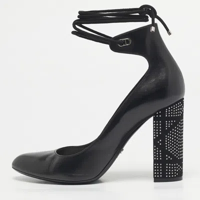 Pre-owned Dior Black Leather Stellar Block Heel Ankle Tie Pumps Size 40