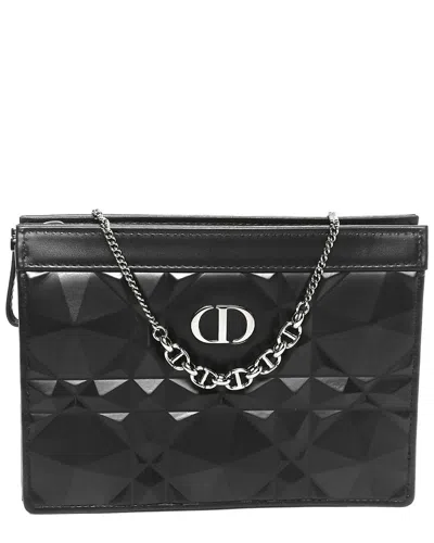 Dior Black Macrocannage Leather Macro Diamond Caro Zipped Pouch With Chain  (authentic Pre-loved)