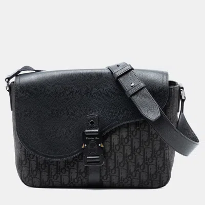 Pre-owned Dior Black Medium Oblique Canvas And Grained Calfskin Saddle Messenger Bag With Flap