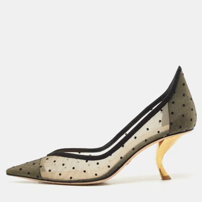 Pre-owned Dior Black Mesh And Suede Polka Dot D-moi Pointed Toe Pumps Size 40