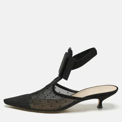 Pre-owned Dior Black Mesh And Suede Trim Polka Dot Bow Pointed Toe Ankle Strap Mules Size 41
