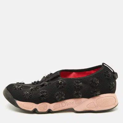 Pre-owned Dior Black Mesh Floral Embellished Fusion Slip On Sneakers Size 37.5
