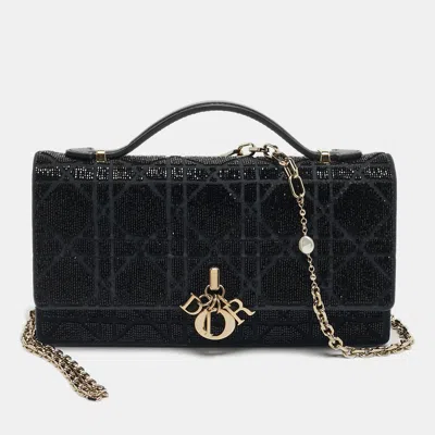 Pre-owned Dior Black Mini Microbead Cannage Fabric And Leather Shoulder Bag