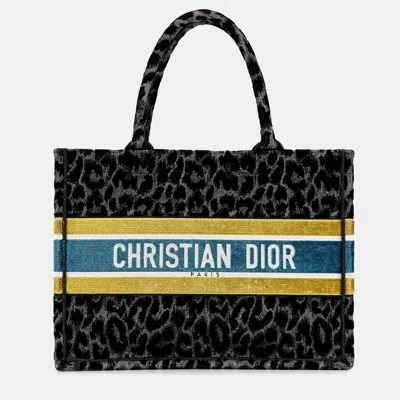 Pre-owned Dior Black Mizza Medium Embroidered Canvas Leopard Book Tote
