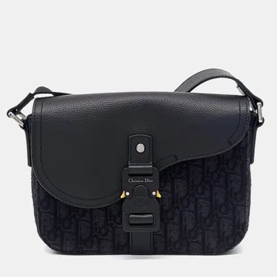Pre-owned Dior Black Navy Blue Coated Canvas And Leather Oblique Saddle Messenger Bag