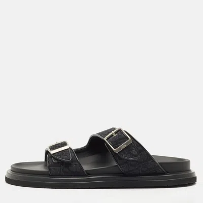Pre-owned Dior Black Oblique Canvas And Leather Aqua Flat Slide Sandals Size 45